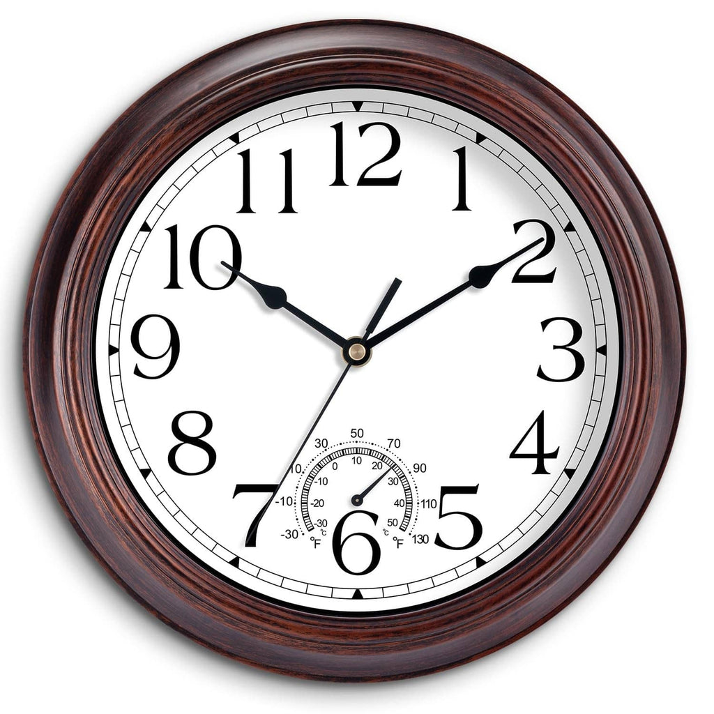 Outdoor wall clock with copper-red frame, large numerals, analog hands, thermometer dial.