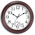 Outdoor wall clock with copper-red frame, large numerals, analog hands, thermometer dial.