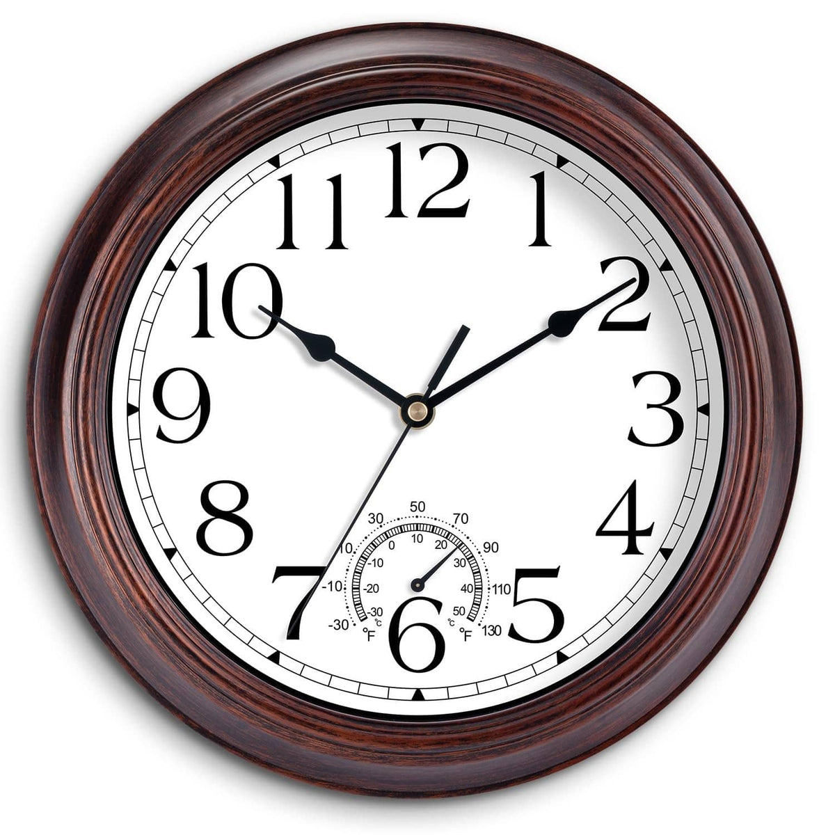Outdoor wall clock with copper-red frame, large numerals, analog hands, thermometer dial.