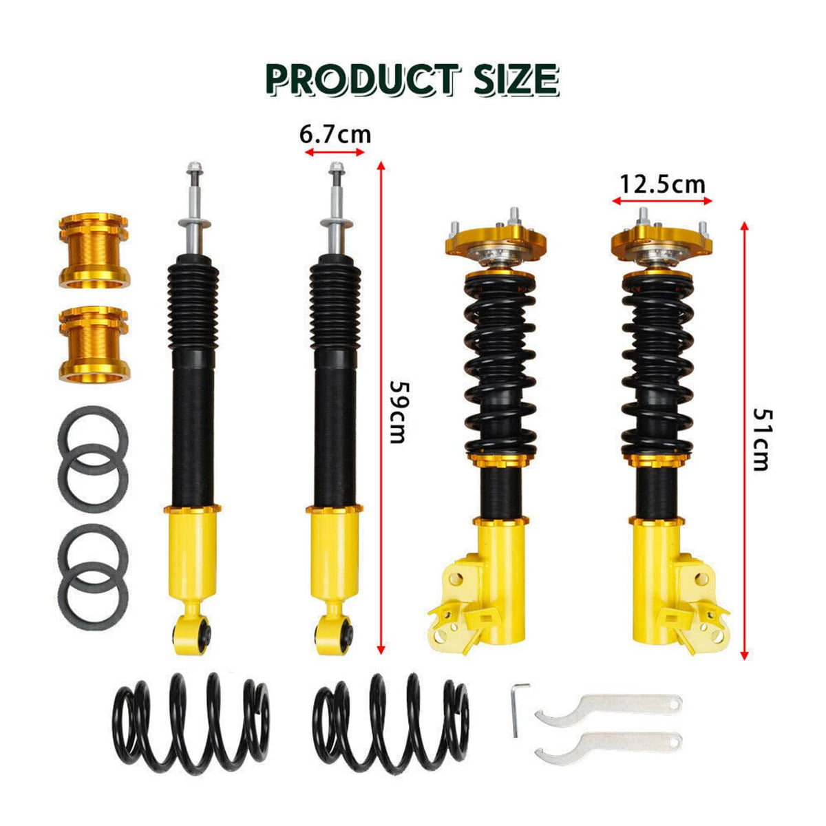 Coilover suspension kit with two black shock struts, yellow cylinders, black coil springs, clips
