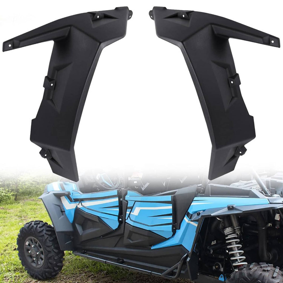 Pair of black front fender flare extensions for off-road UTV front wheel areas
