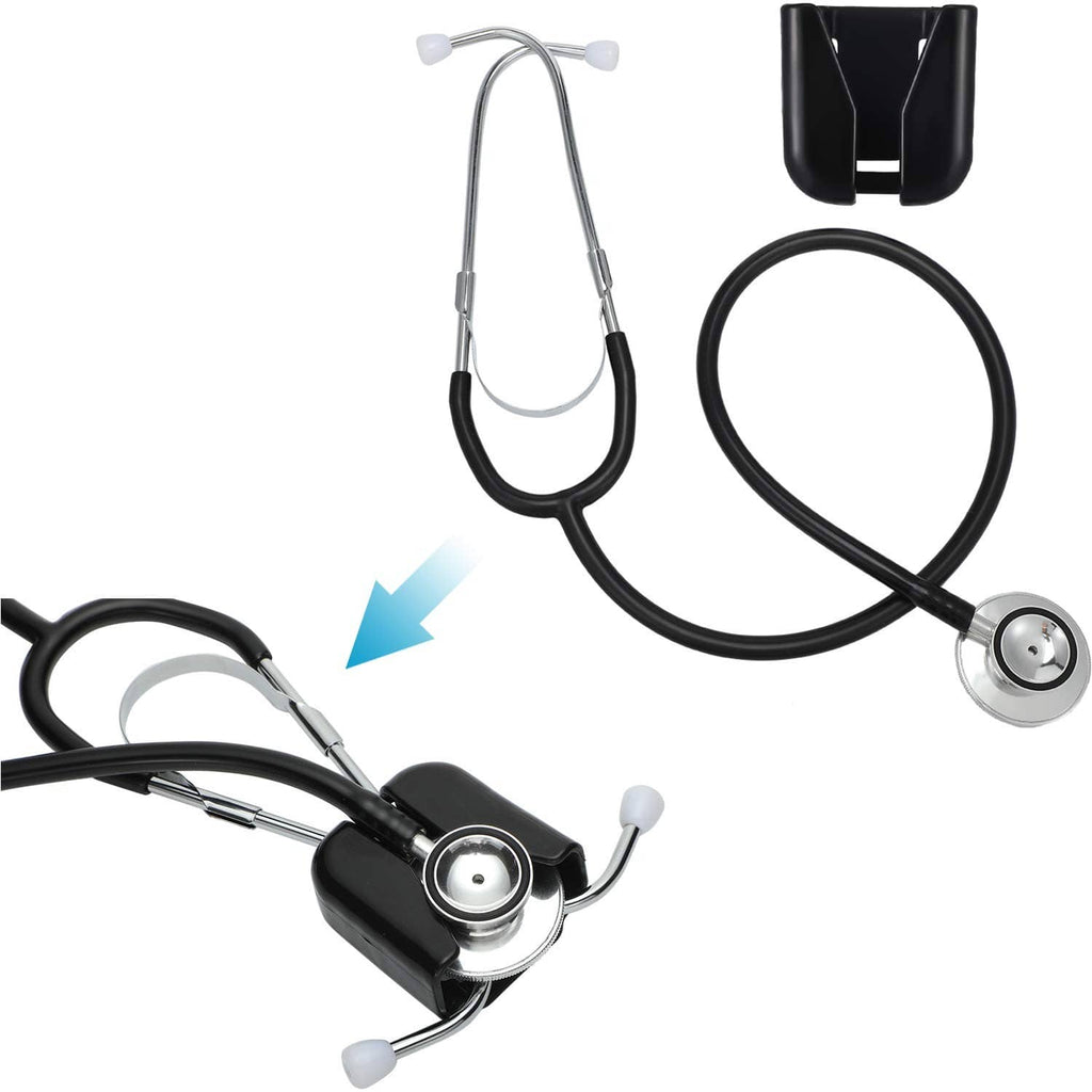 Black plastic stethoscope holder clip mounted on stethoscope tubing