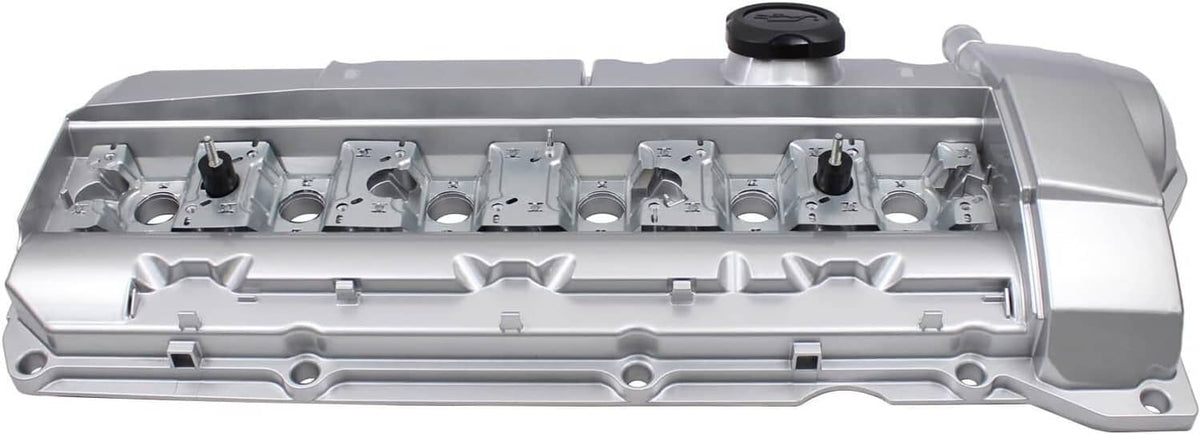 Aluminum valve cover in metallic silver with black oil cap on top