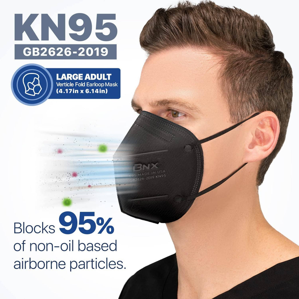 Black BNX KN95 respirator face mask, large adult, side profile with ear loops