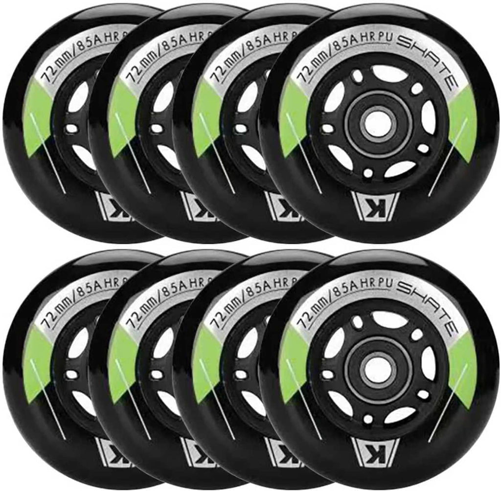 Inline skate wheel set, 72mm 85A HRPU, black rims with green stripe, 8 wheels