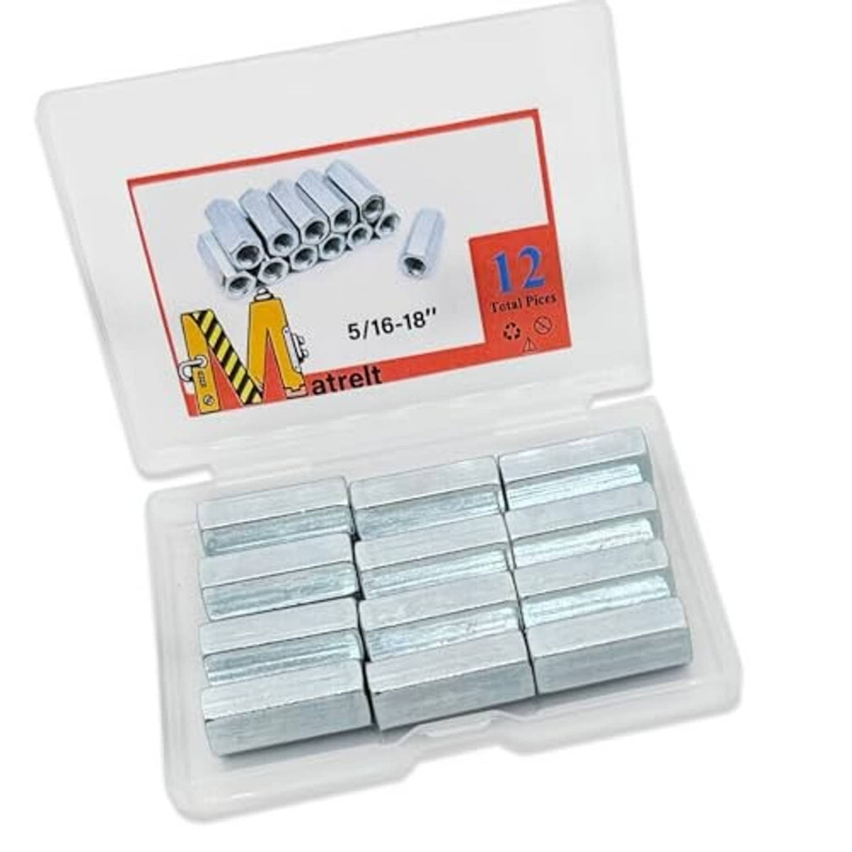 12-piece box set of silver 5/16-18 hex coupling nuts with internal threads