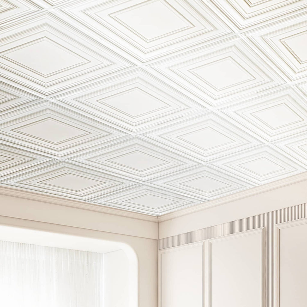 White peg-pattern ceiling tiles in a grid, showing repeating square-and-border design