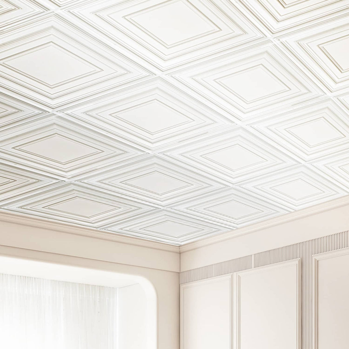 White peg-pattern ceiling tiles in a grid, showing repeating square-and-border design