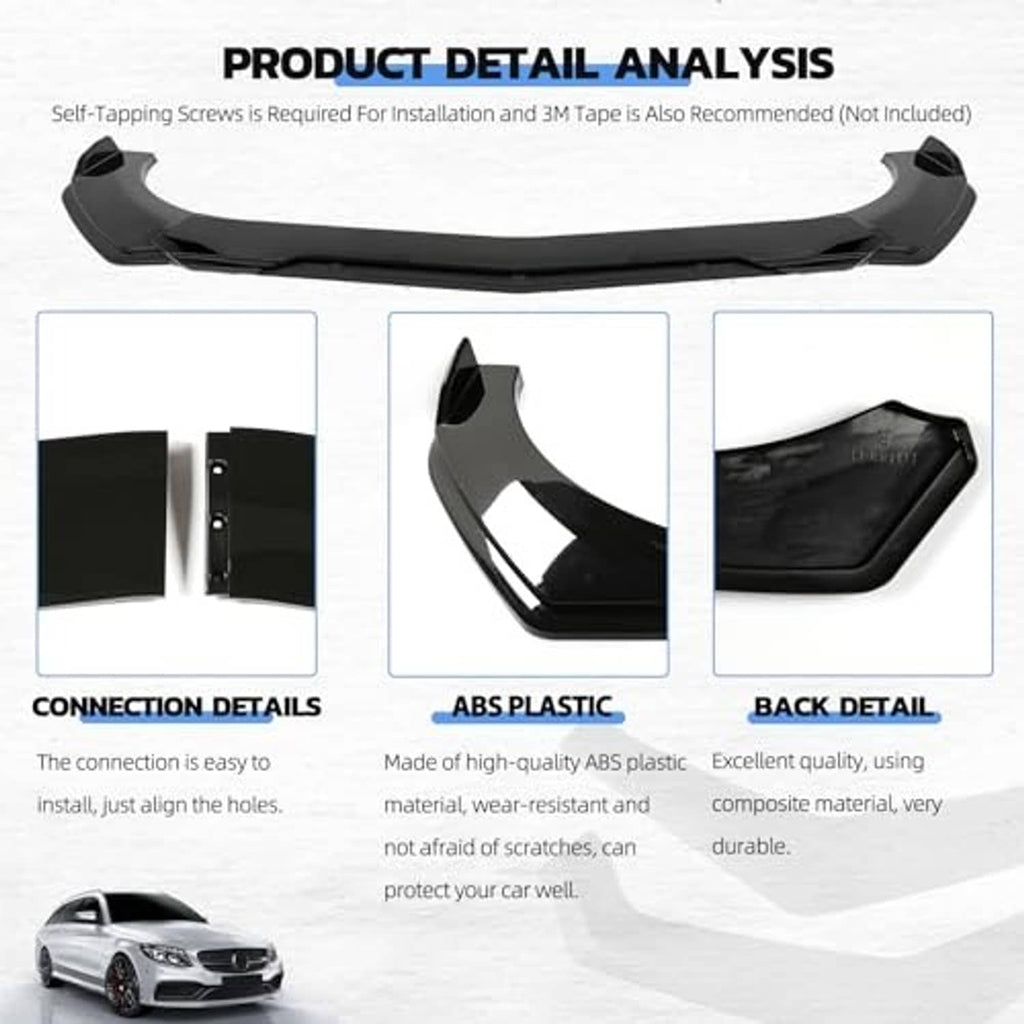 Glossy black universal front bumper lip spoiler, ABS plastic installation parts