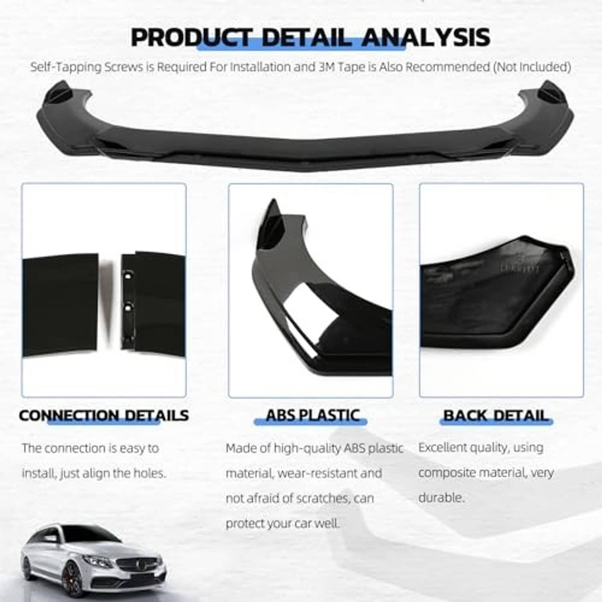 Glossy black universal front bumper lip spoiler, ABS plastic installation parts
