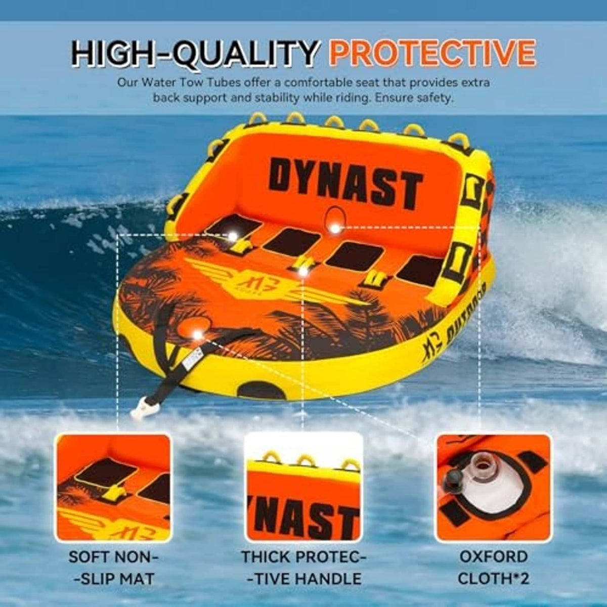 Inflatable towable tube with orange seat panels and black protective grip areas