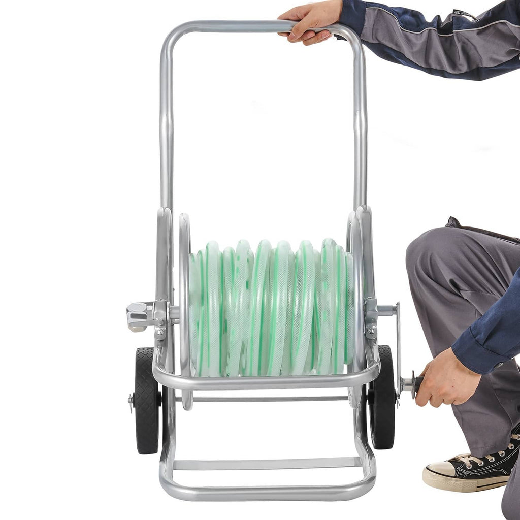 Silver hose reel cart with light green hose on black drum, front wheels visible