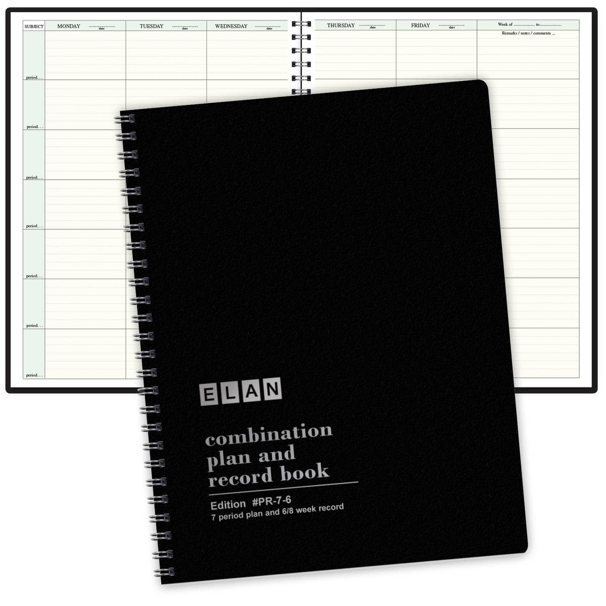 Black spiral-bound teacher planner book with front cover label