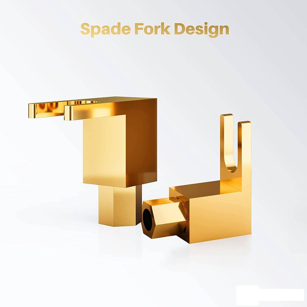 Gold plated right-angle spade plug connector with fork forked prongs, angled view
