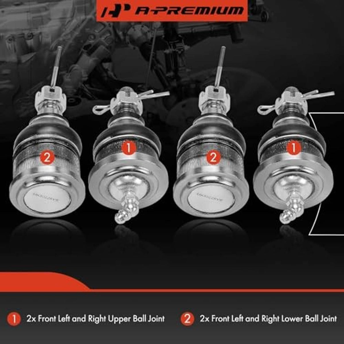 Upper and lower ball joint set shown on vehicle suspension components