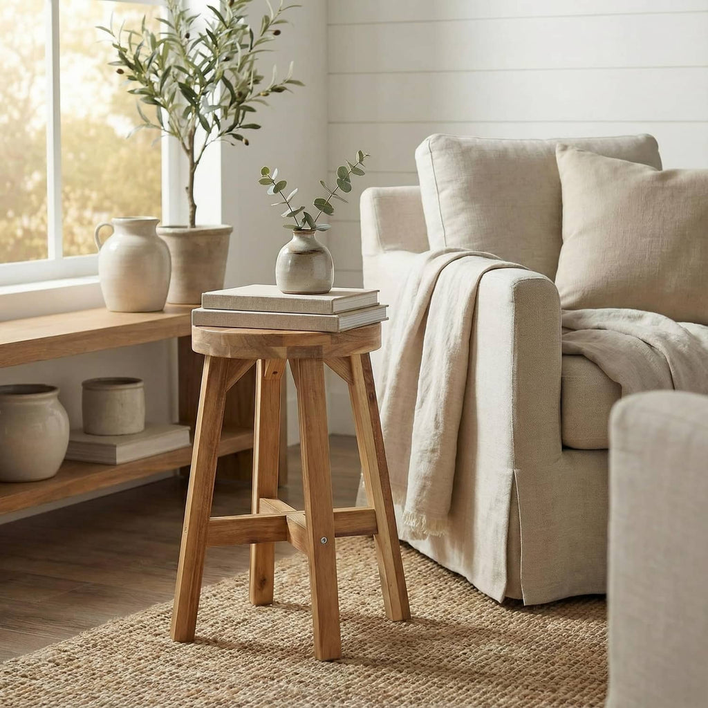 Acacia wood round stool with sturdy legs and corner brace for stability