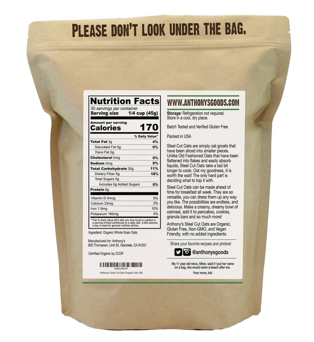 Anthony's organic steel cut oats pouch, back panel with nutrition facts and ingredient information.