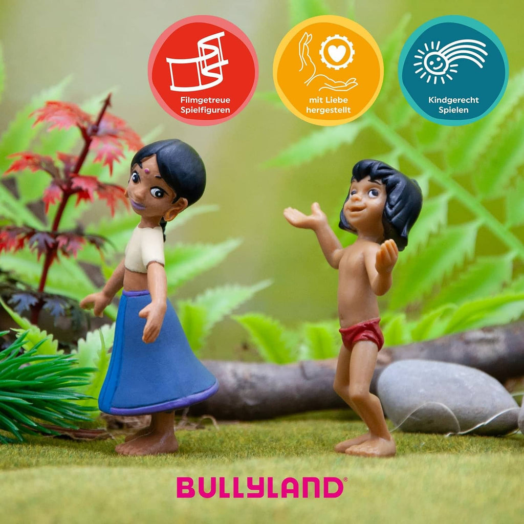 Set of Mowgli toy figurines, one in blue outfit and one in red shorts, arms posed