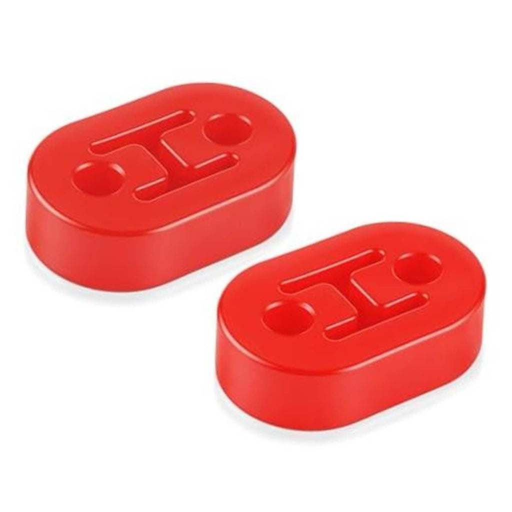 Red rubber exhaust hanger pair with molded lettering on oval pads