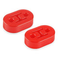 Red rubber exhaust hanger pair with molded lettering on oval pads