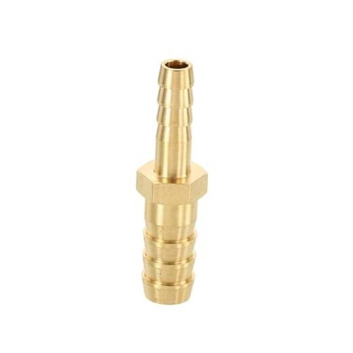 Brass hose barb fitting, 3/8-in to 1/2-in adapter, hex base and barbed ends