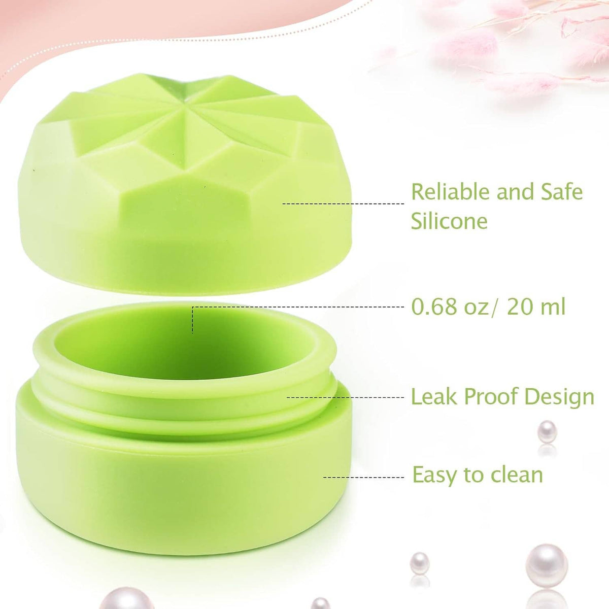 Green silicone travel jar with faceted lid and open base for cream or toiletries, 20 ml