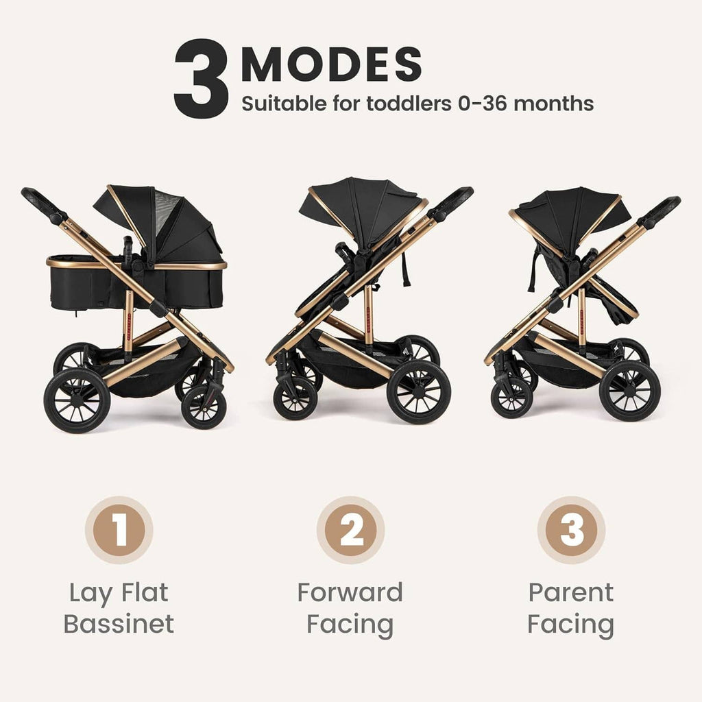 Convertible baby stroller showing three seating modes, black canopy and gold frame