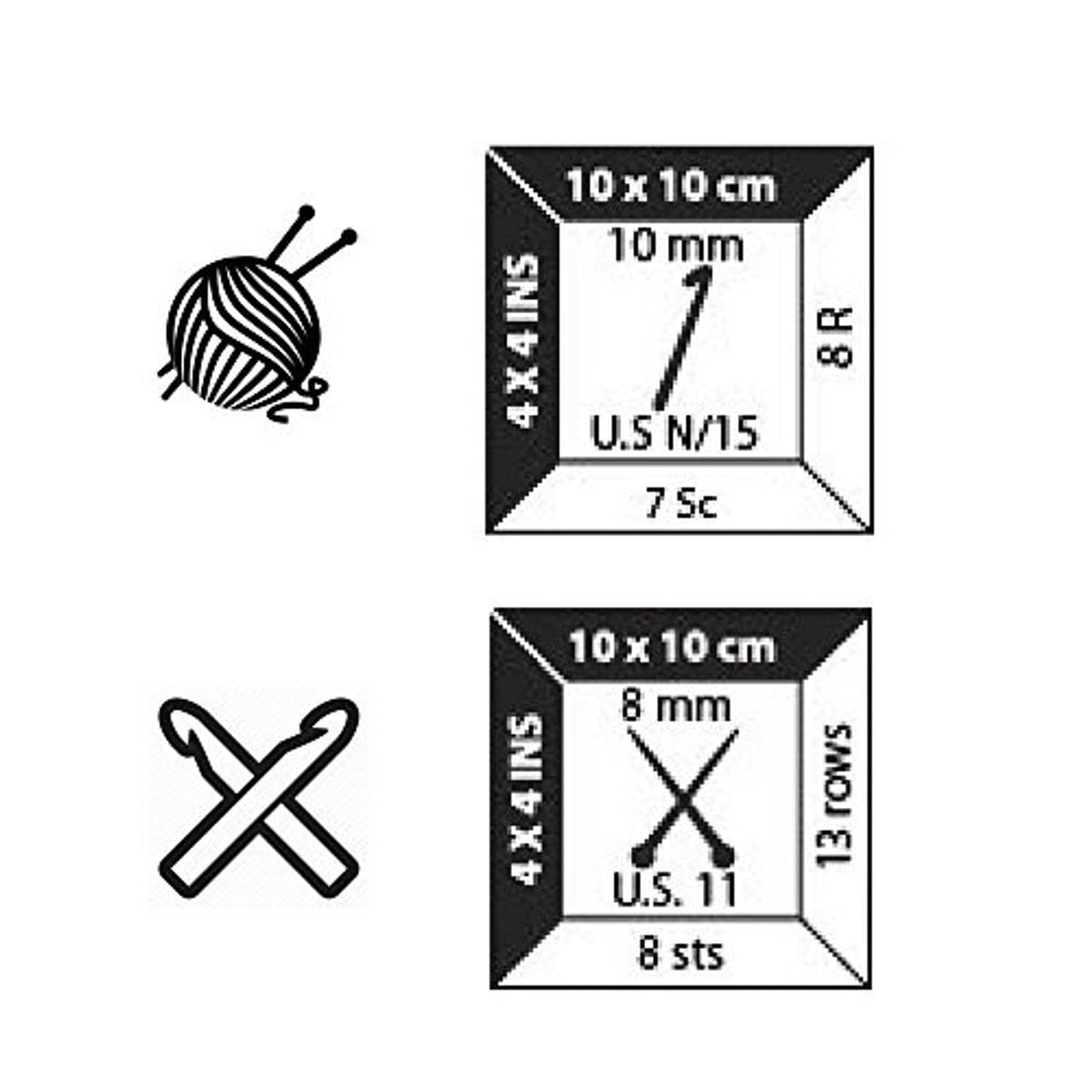 Crochet gauge icons showing stitch and needle size markings