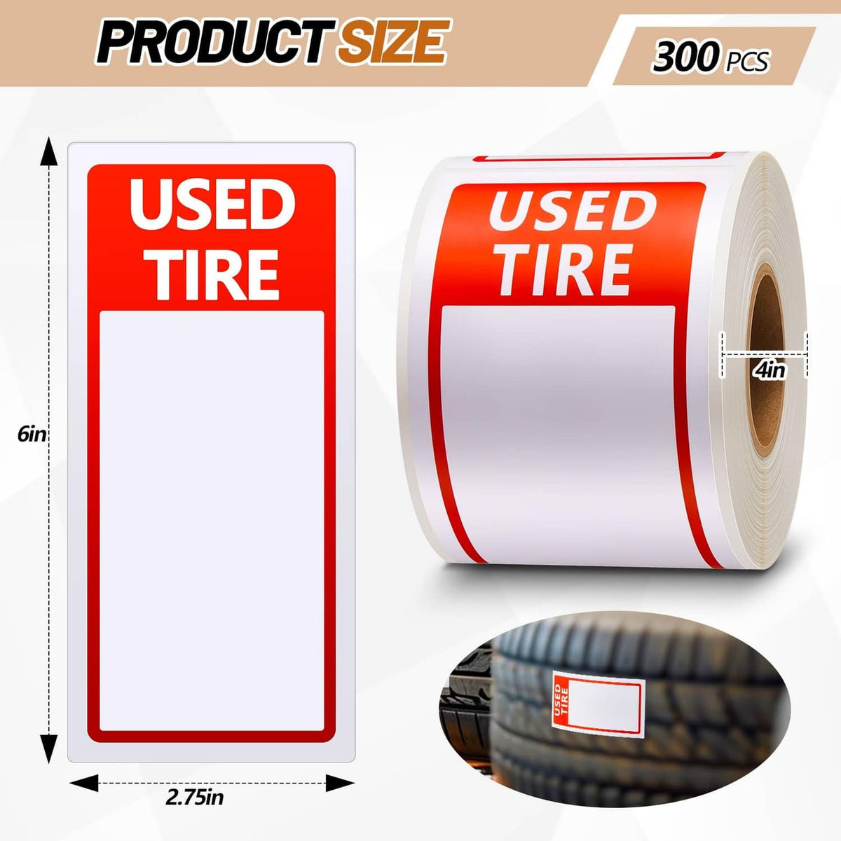 Red USED TIRE label stickers, roll plus size-card template with blank box