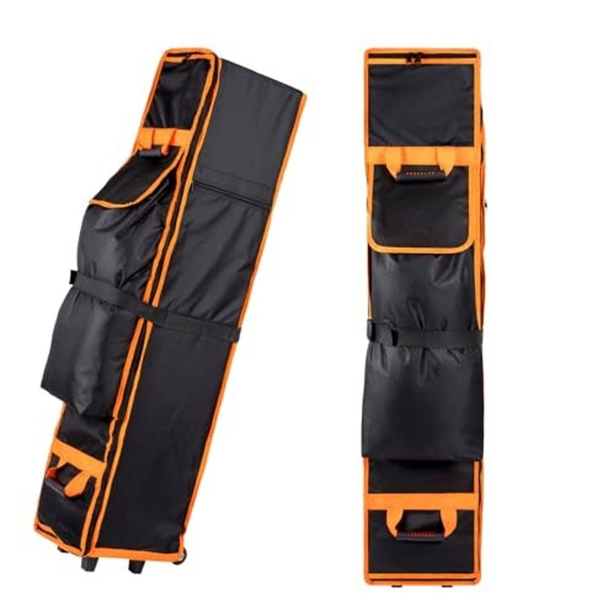 Black and orange wheeled canopy storage bag with zip top and front pouches, upright.
