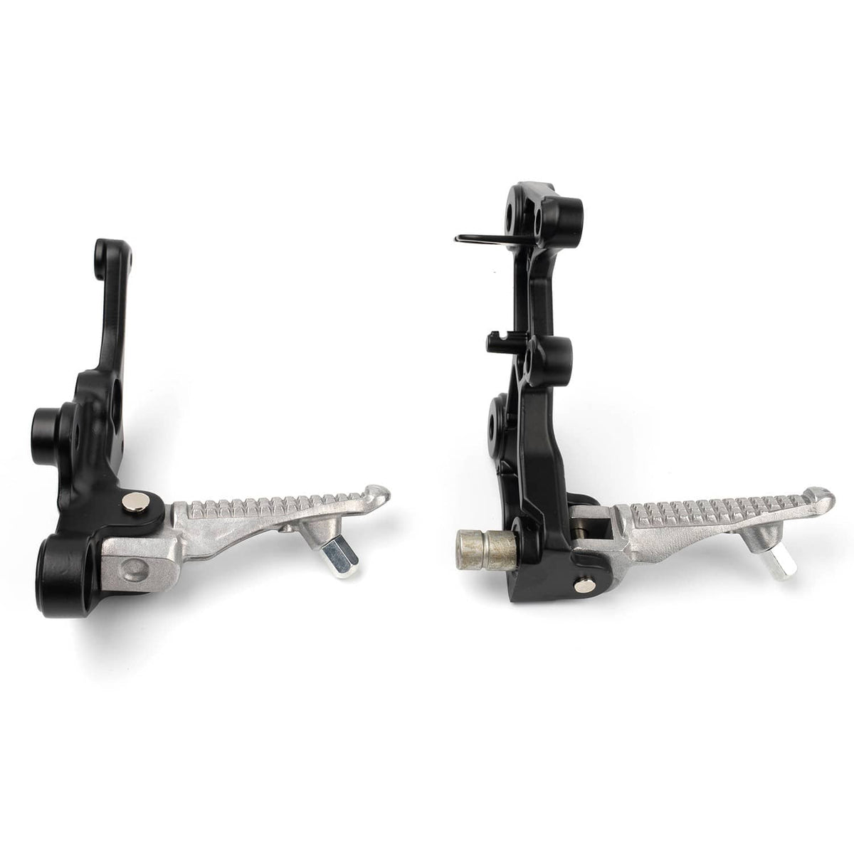 Motorcycle foot peg bracket set front view with silver pegs and black mounting bases