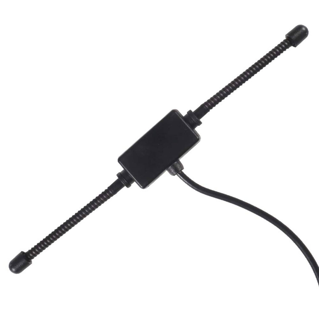 AM/FM dipole antenna with black rectangular adapter and attached coax cable