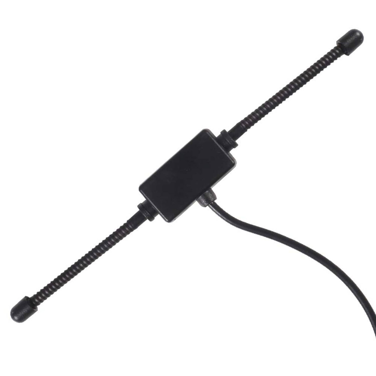 AM/FM dipole antenna with black rectangular adapter and attached coax cable