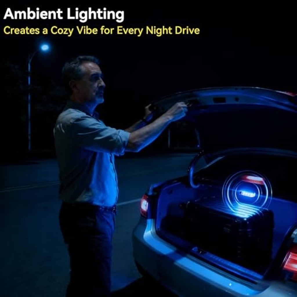 USB LED ambient interior car light near trunk opening with blue glow