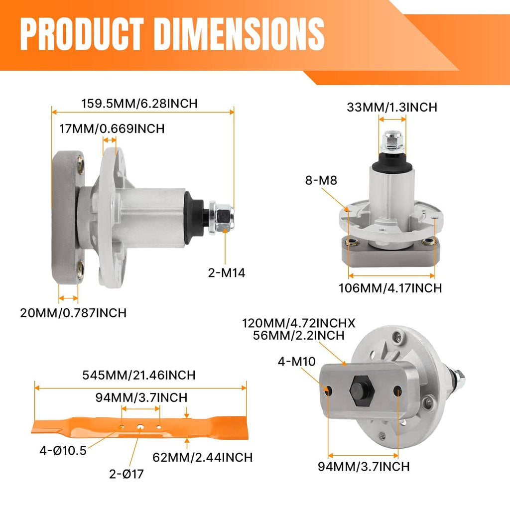 Mower spindle assembly with orange blade strip and a product-dimensions diagram layout.