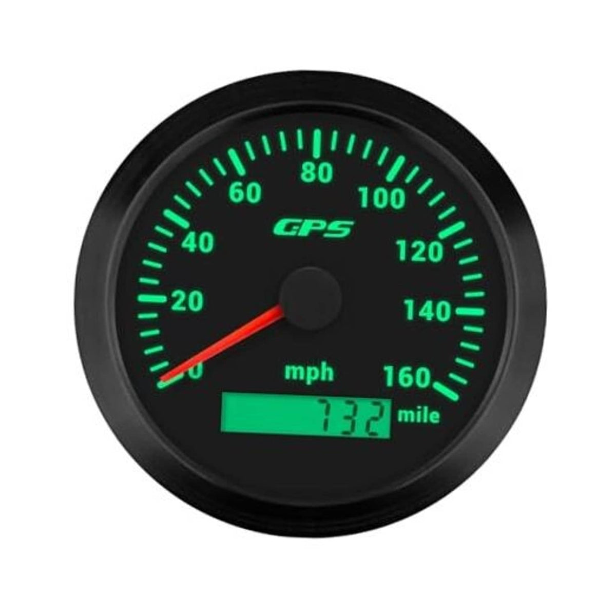 Round GPS speedometer gauge, black face, green backlight, 0–160 mph scale