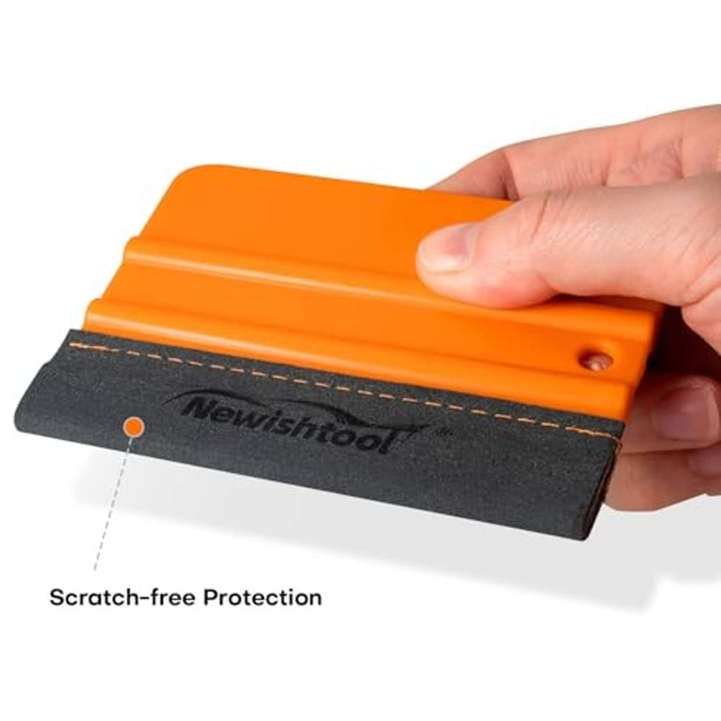 Orange vinyl wrap squeegee with gray felt buffer edge, stitched border and grip hole