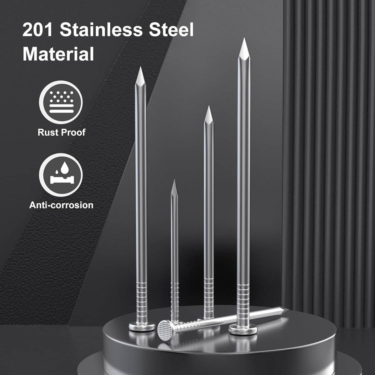 Stainless steel flat head nails with sharp tips, shown in a grouped display