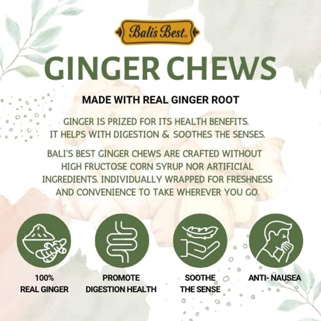Bali's Best Ginger Chews brand information panel on a wrapped packet