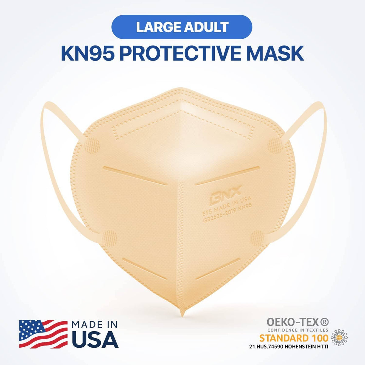 Beige KN95 protective face mask, large adult style with molded nose bridge