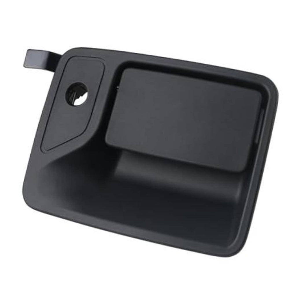 Textured black exterior door handle with key cylinder cutout and rectangular pull.