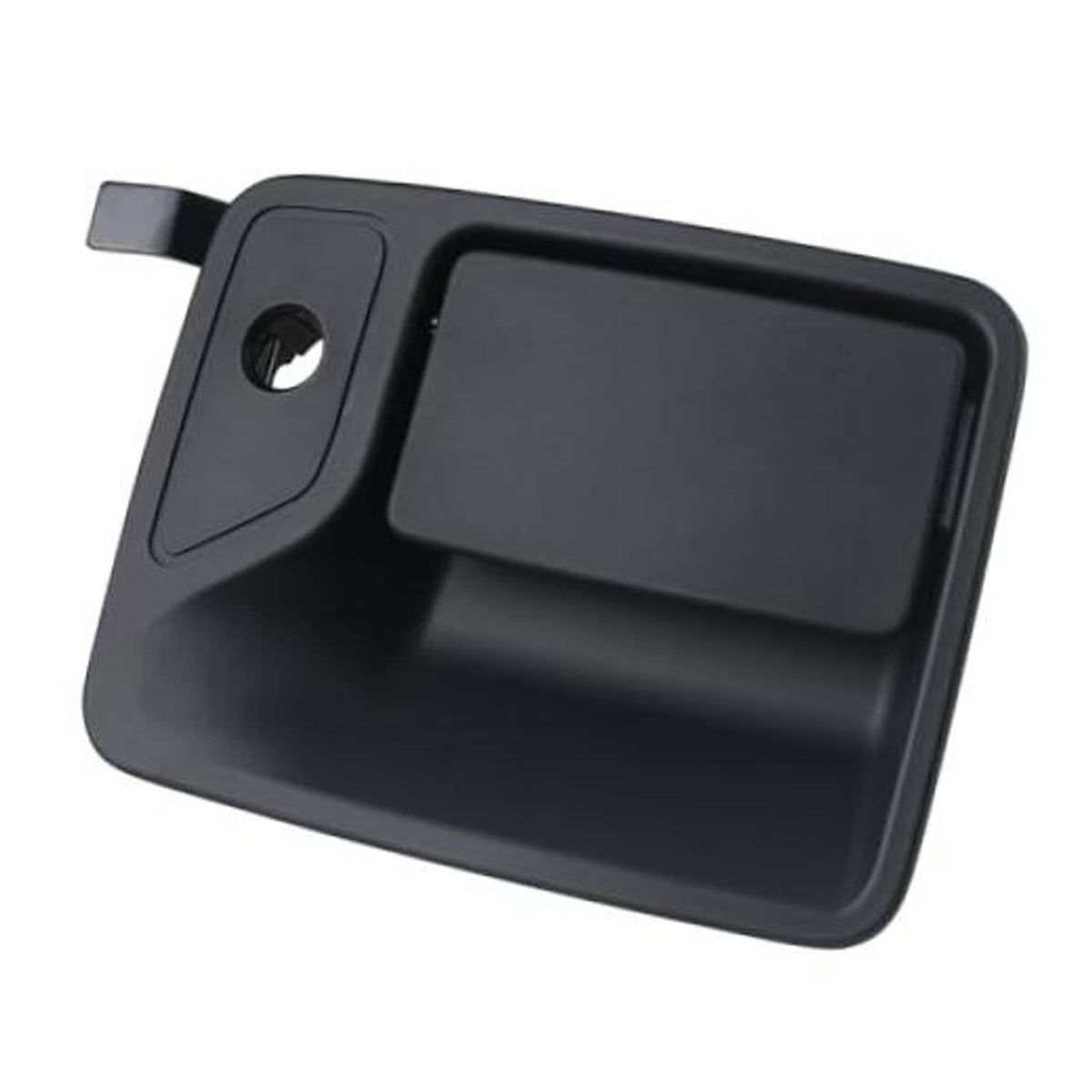 Textured black exterior door handle with key cylinder cutout and rectangular pull.