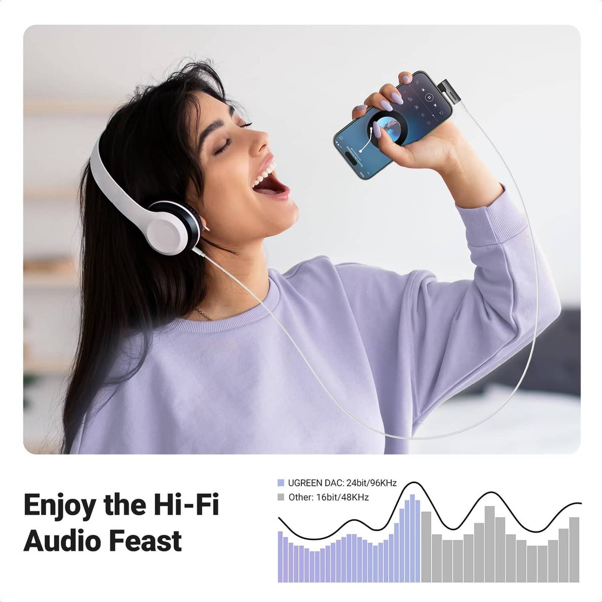 Black USB-C to 3.5mm audio adapter connected to a smartphone via headphone cable