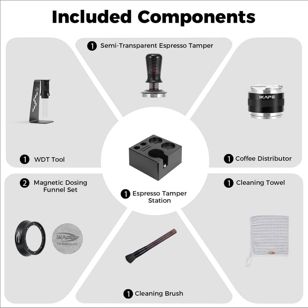 Espresso tool set with tamper station, coffee distributor, cleaning brush, towel