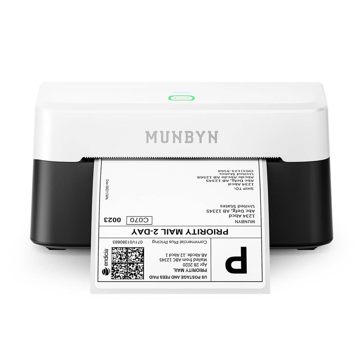 Black and white thermal shipping label printer with barcode label loaded