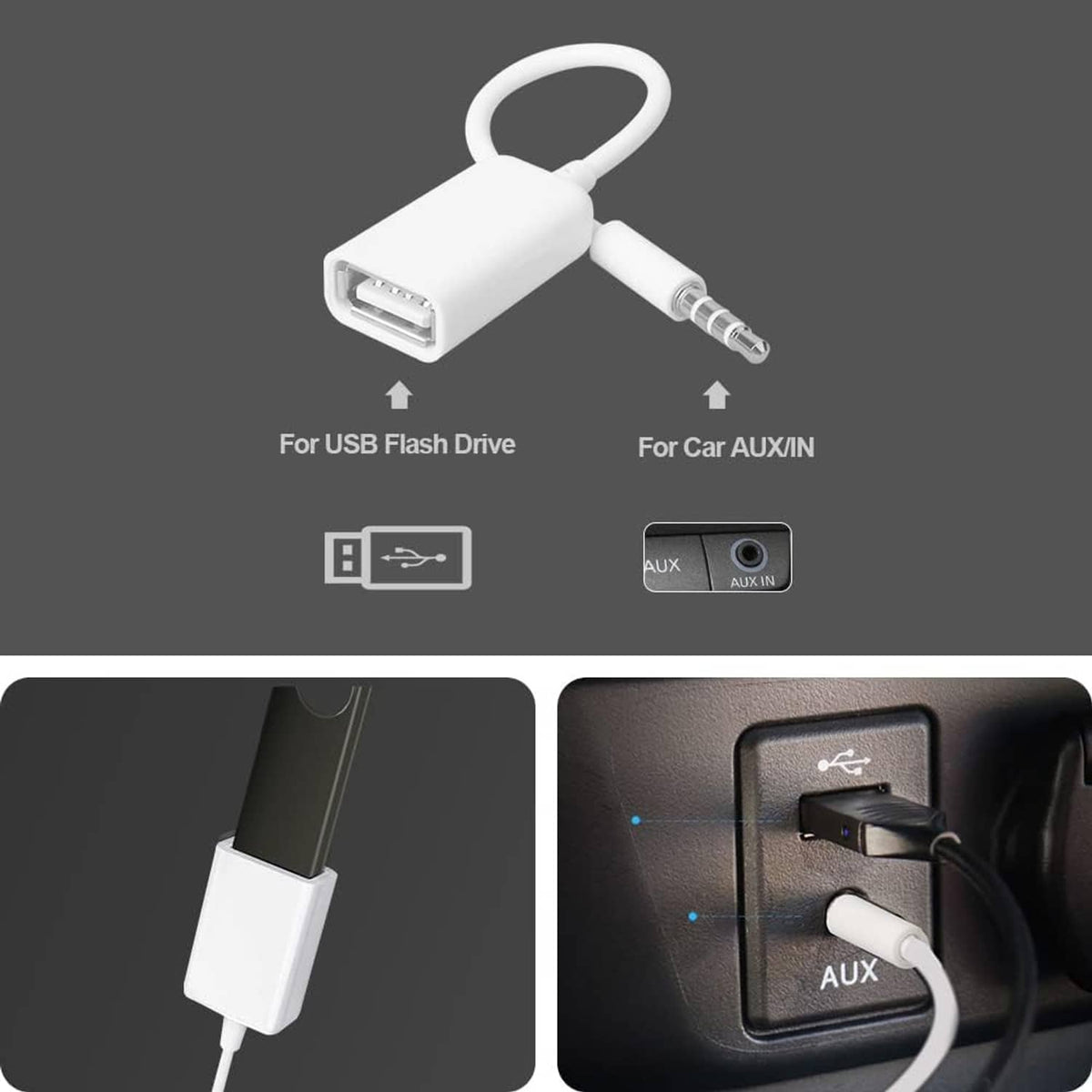 White AUX-to-USB adapter with USB-A female for drive and 3.5mm AUX input plug