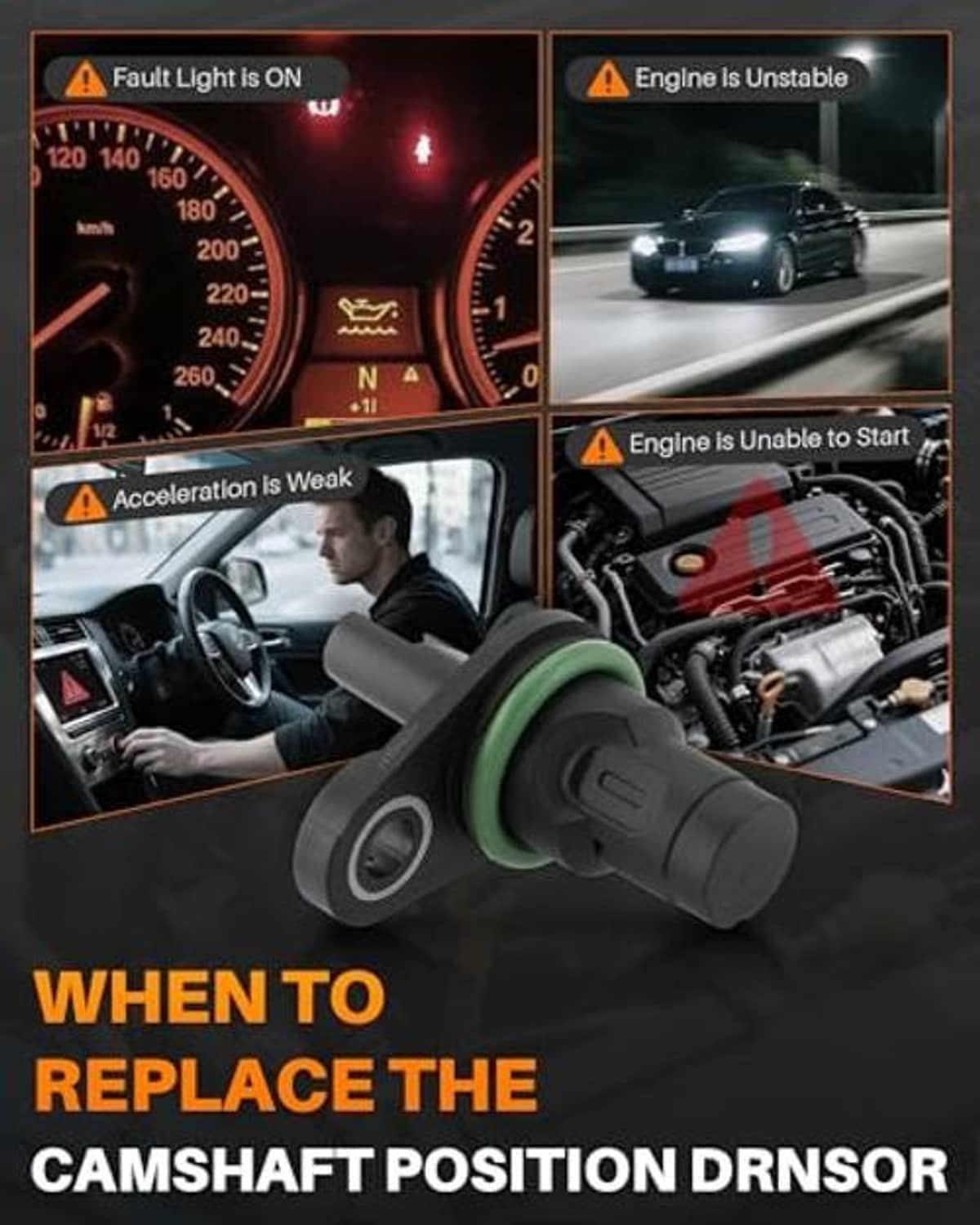 Camshaft position sensor with green sealing ring, shown alongside dashboard warning graphics