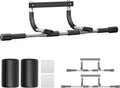 Doorway pull up bar with black foam grips and curved mounting supports for door frames