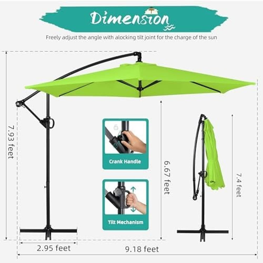 Offset patio umbrella with crank tilt mechanism and cross base, open canopy