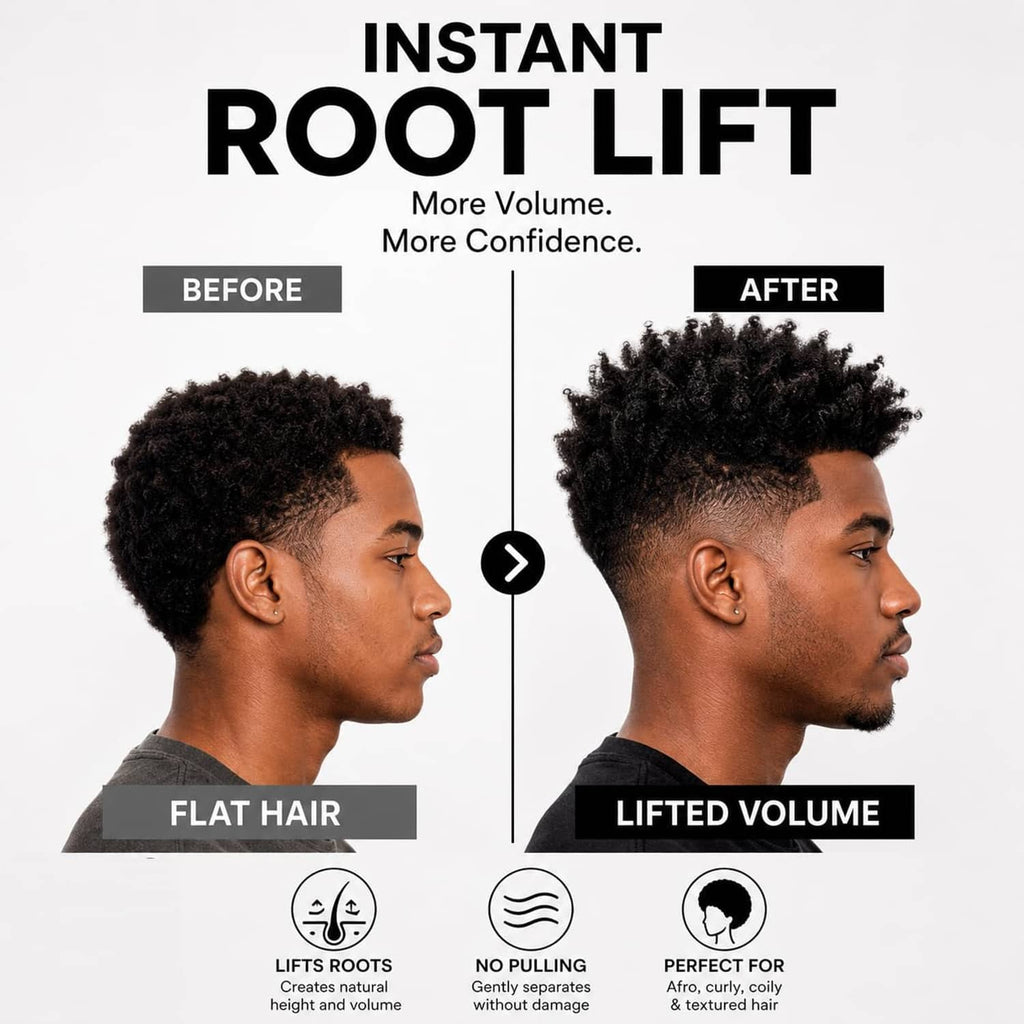 7-inch root-lift hair comb shown with lifted-volume hairstyle (before/after)